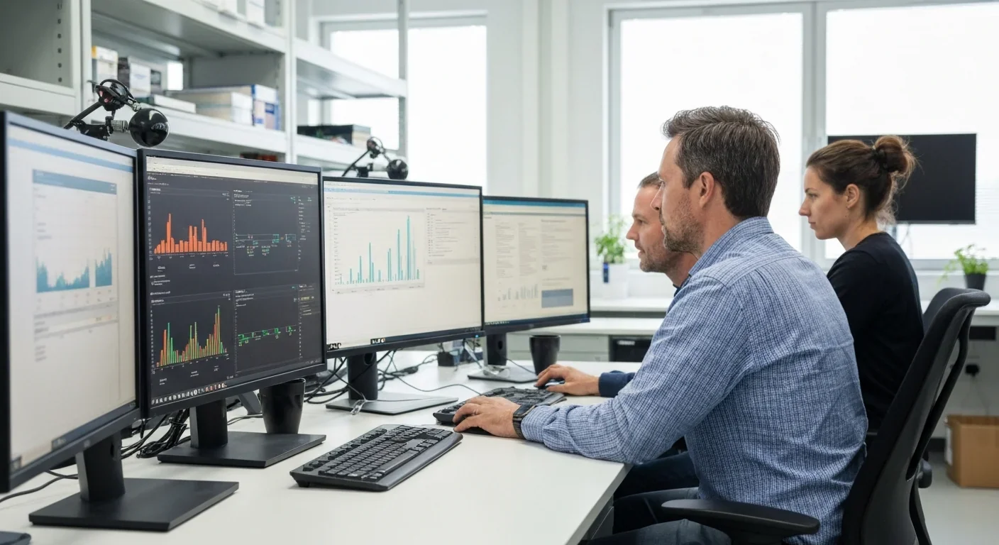 Security researchers analyzing adversarial machine learning attacks in laboratory