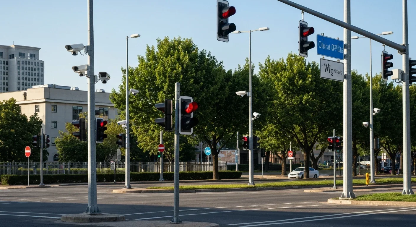 Urban intersection with AI-powered surveillance and traffic monitoring systems