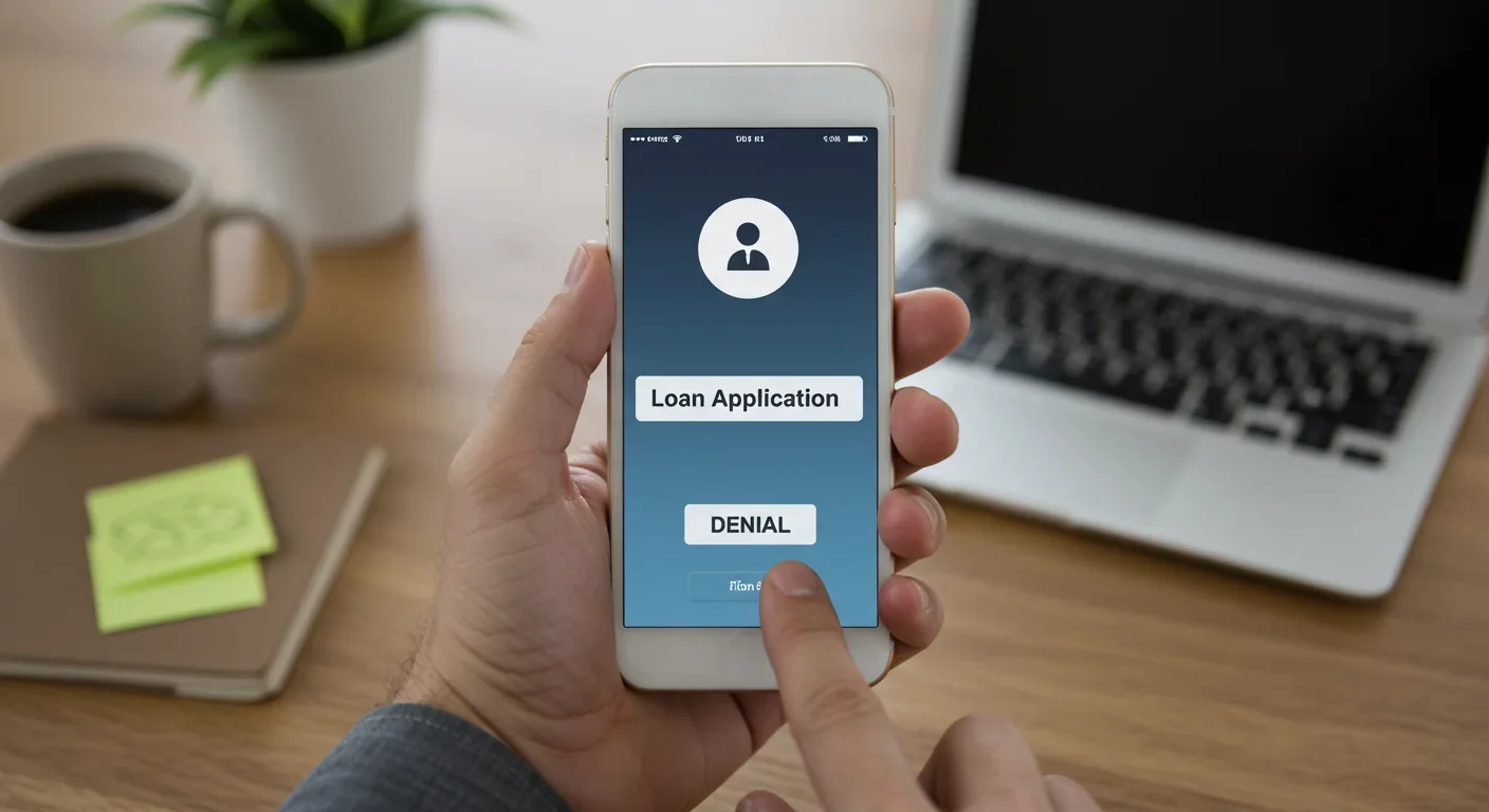 Smartphone showing loan application denial from automated credit scoring system