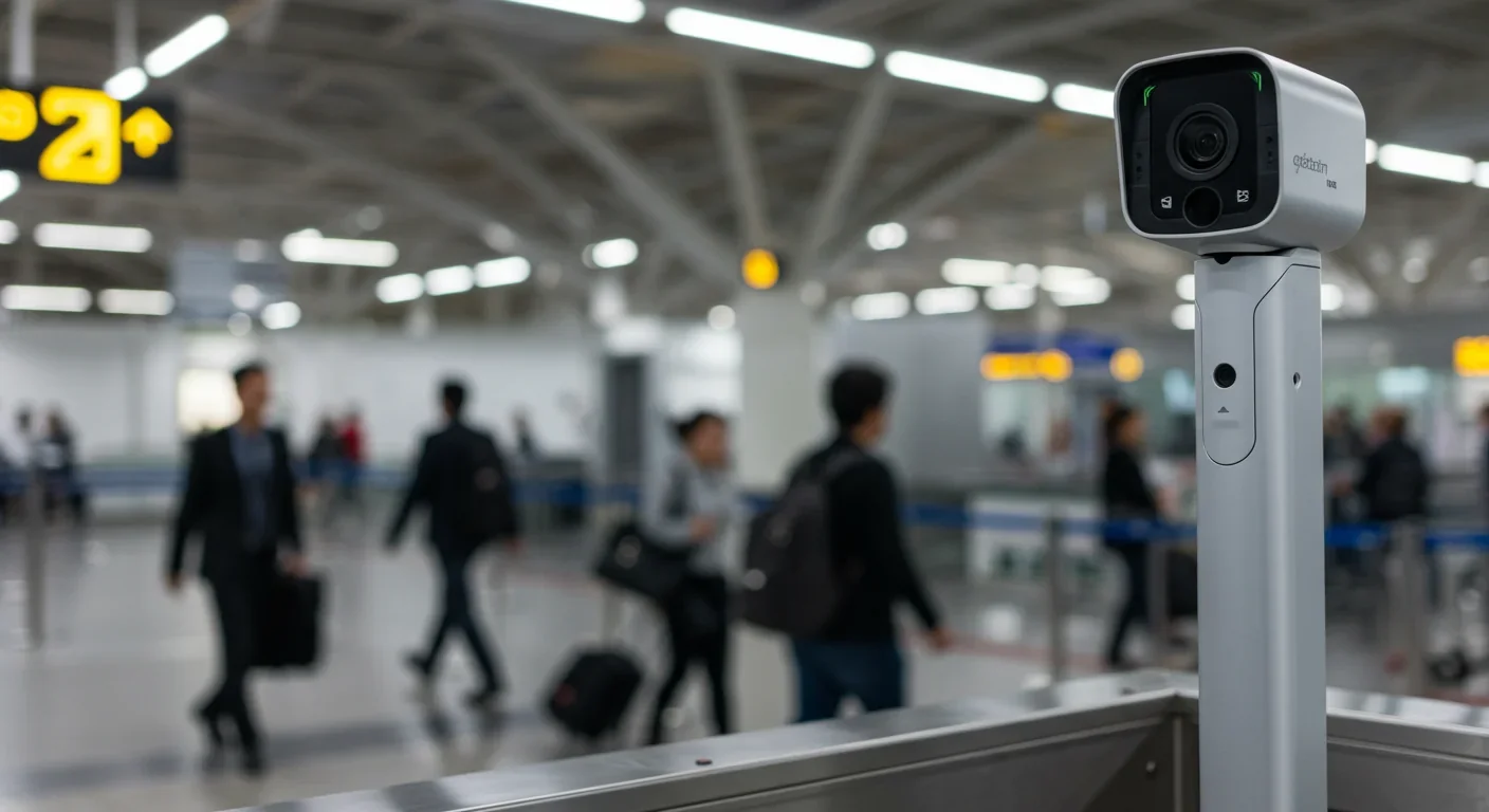 Facial recognition camera at airport security checkpoint with diverse travelers