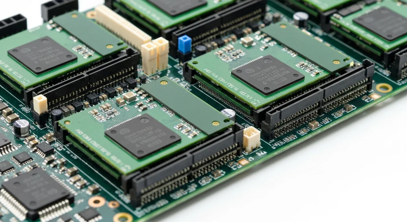 Close-up of AI accelerator circuit board showing memory and processing architecture