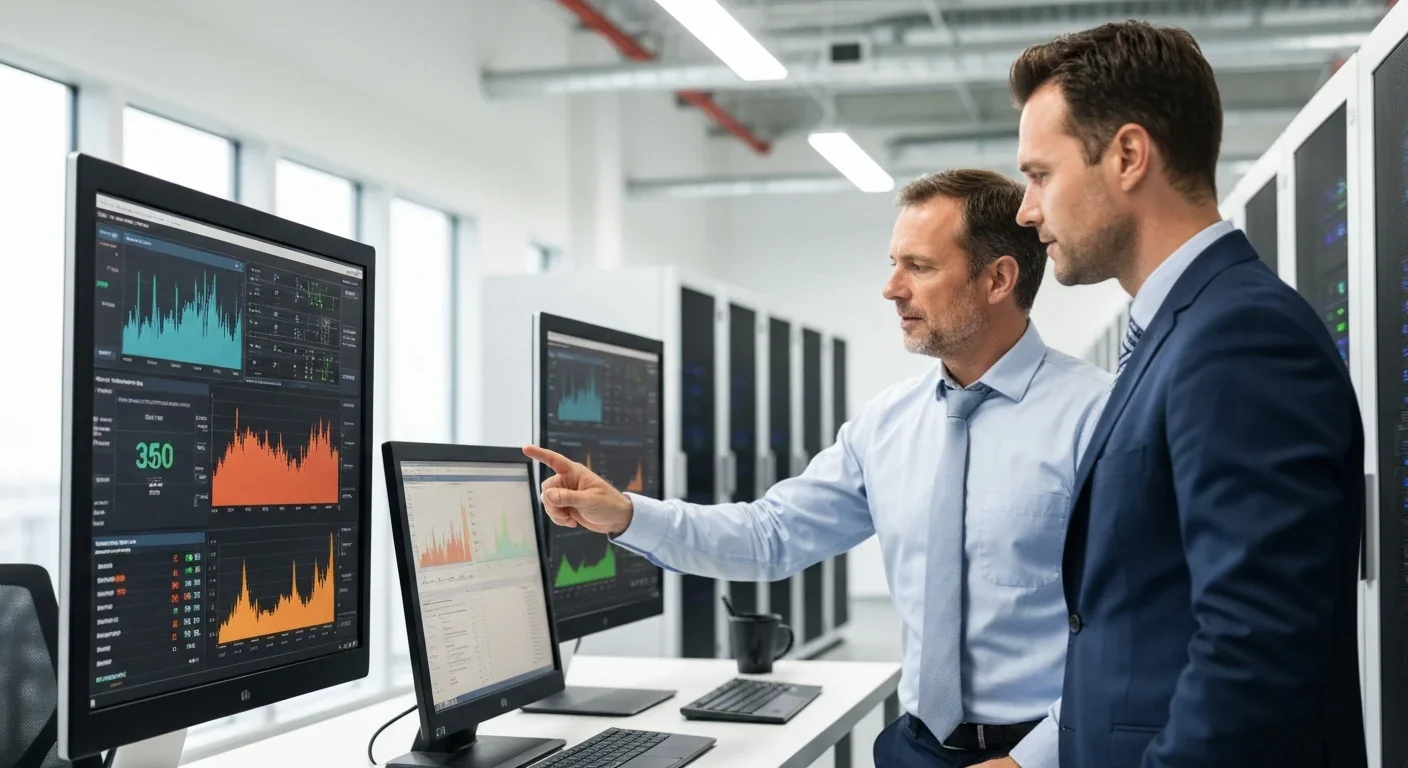 Engineers analyzing AI accelerator performance benchmarks in production data center