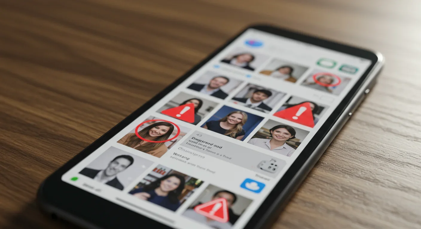 Smartphone displaying a social media feed with algorithmically flagged and hidden content marked by warning overlays