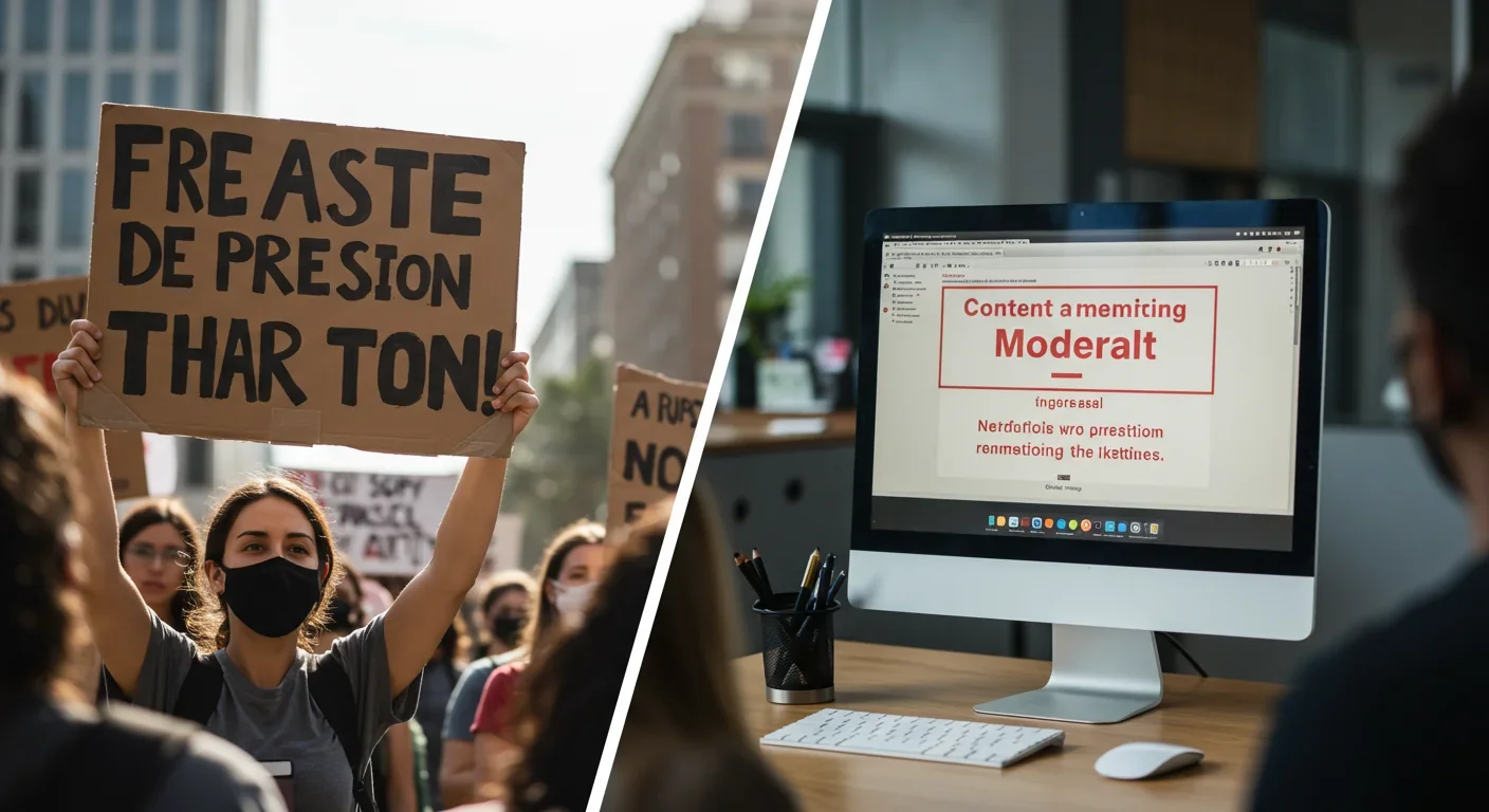 Split image of protest documentation on smartphone and content removal notification on computer screen