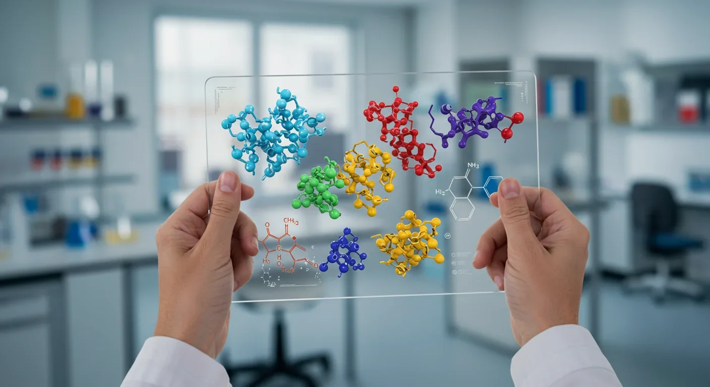 Researcher analyzing 3D protein structures on digital tablet in laboratory