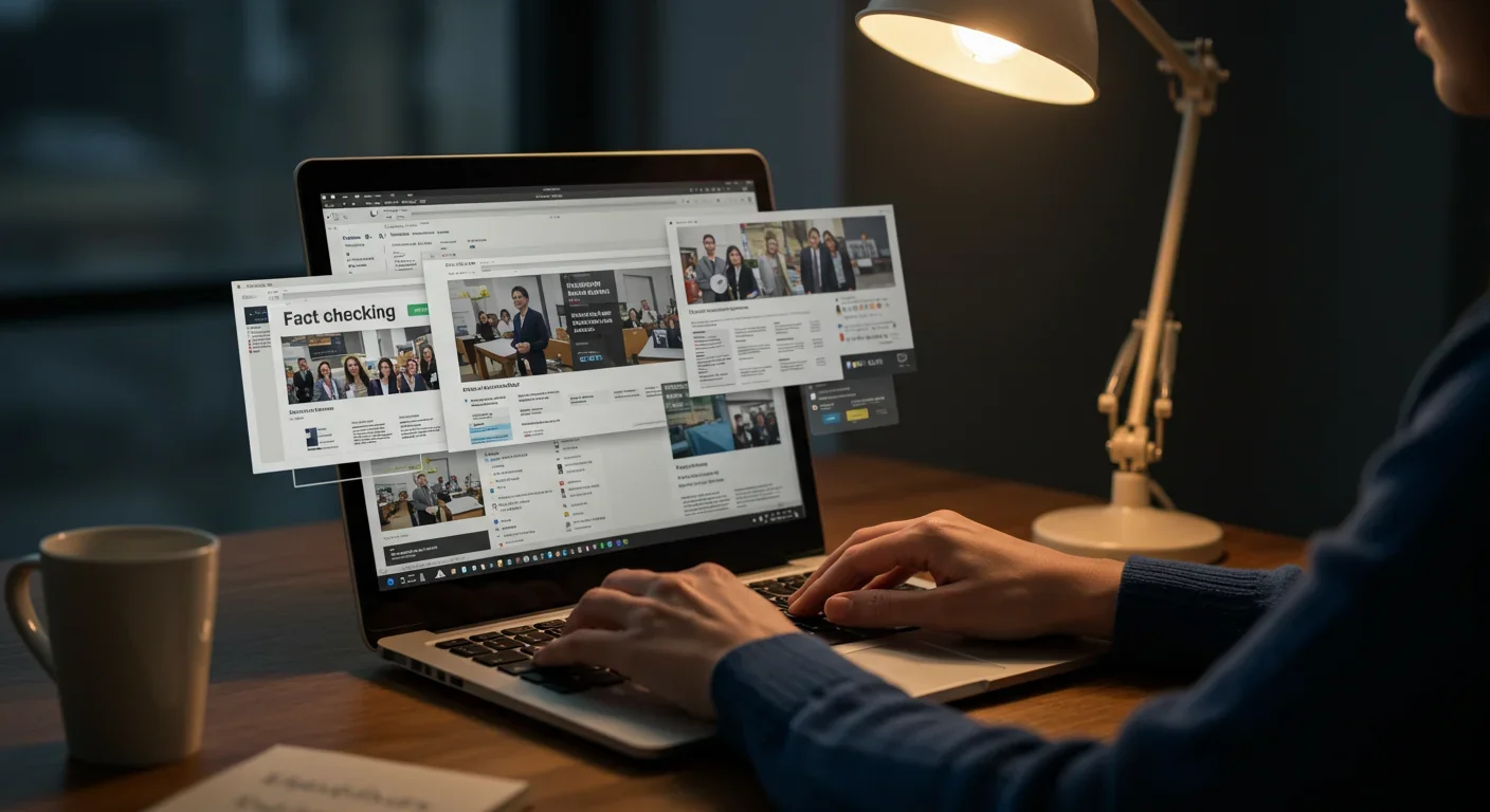 Person verifying AI-generated information using multiple fact-checking sources