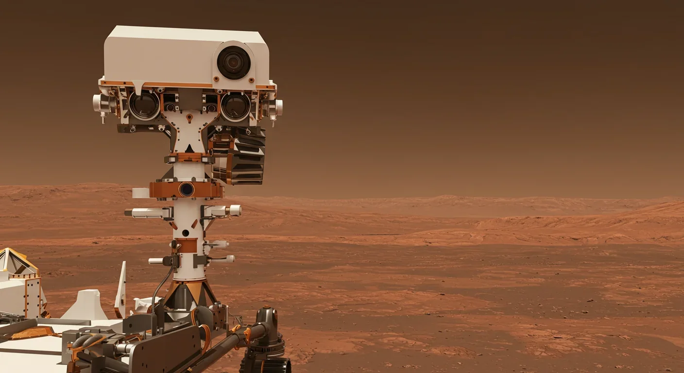 Detailed view of Mars rover navigation cameras and stereo vision system used for autonomous terrain analysis