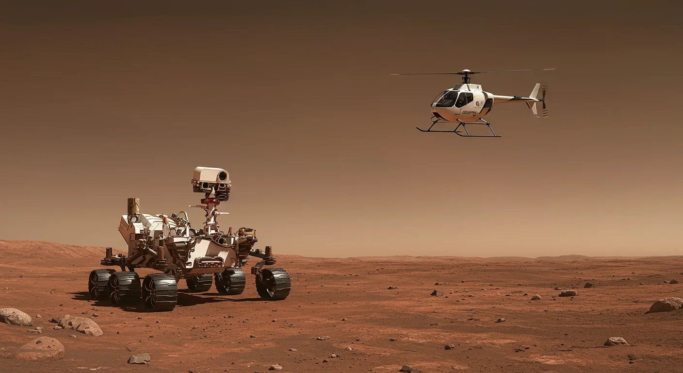Mars rover and Ingenuity helicopter working together in coordinated autonomous exploration on the Martian surface