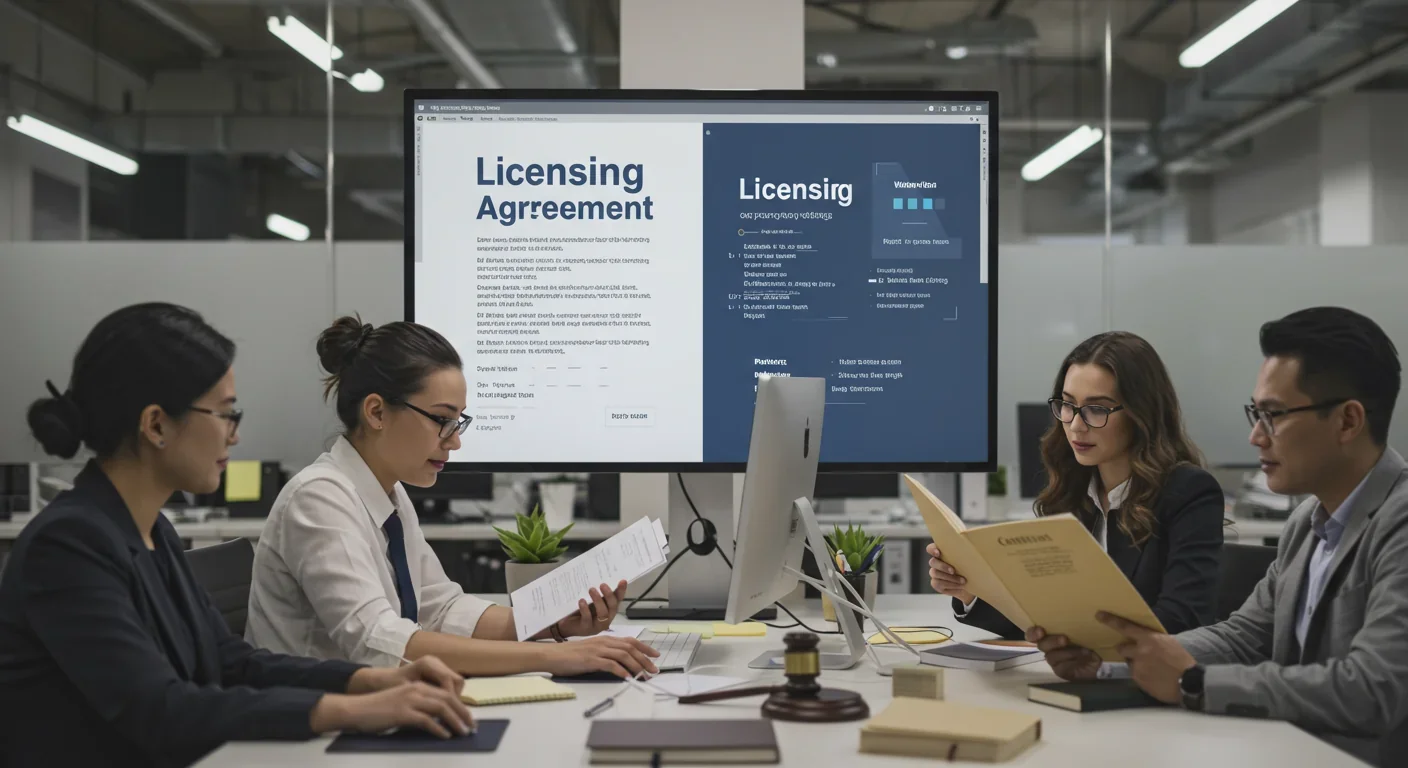 Developers, lawyers, and authors collaborating on AI training data licensing agreements in a professional setting