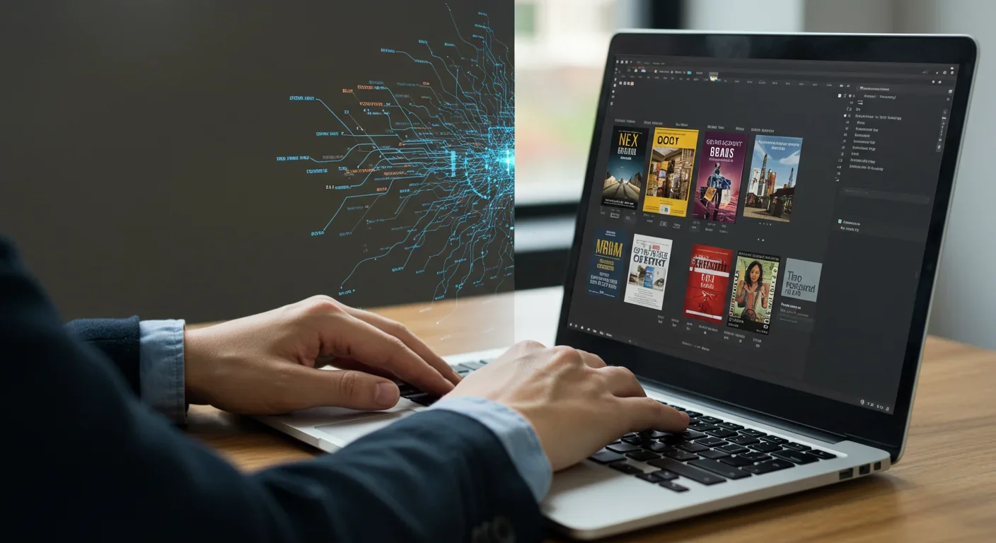 Programmer typing code with book covers visible on screen, symbolizing AI training on copyrighted literature