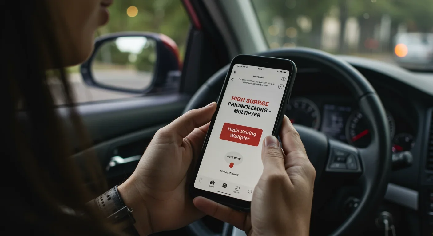 Person viewing surge pricing notification on ride-sharing app in their phone