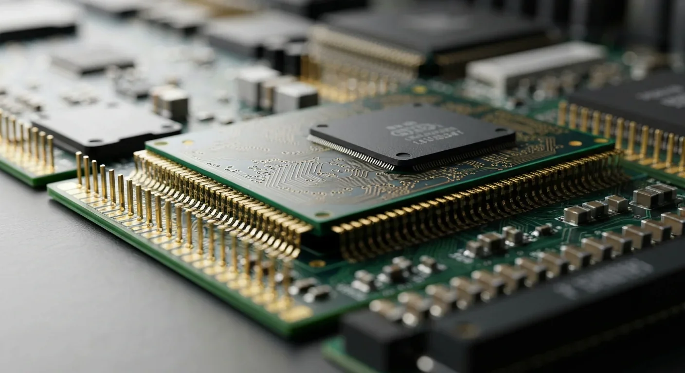 Close-up view of an analog AI accelerator chip showing intricate circuit patterns and connection pins