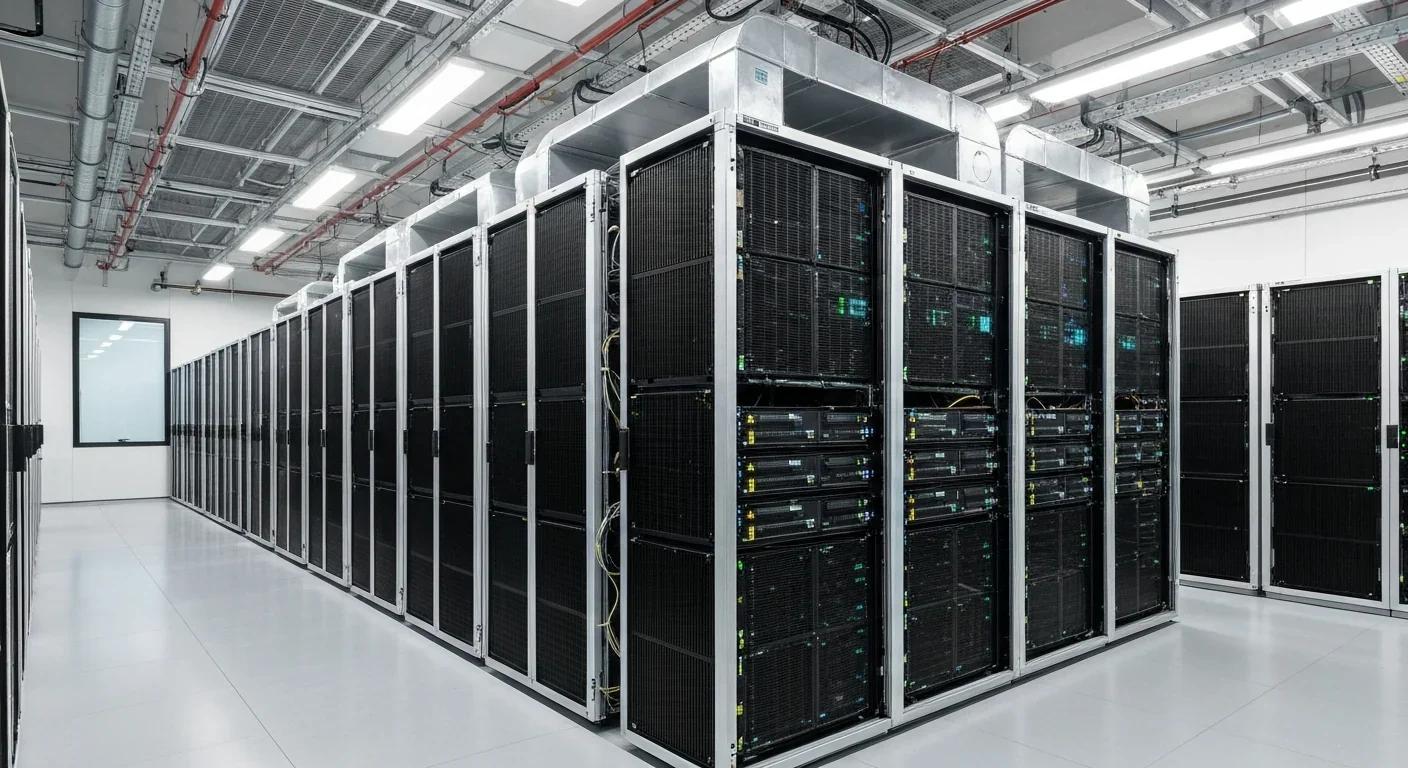 Data center server room showing the massive infrastructure required for traditional AI processing