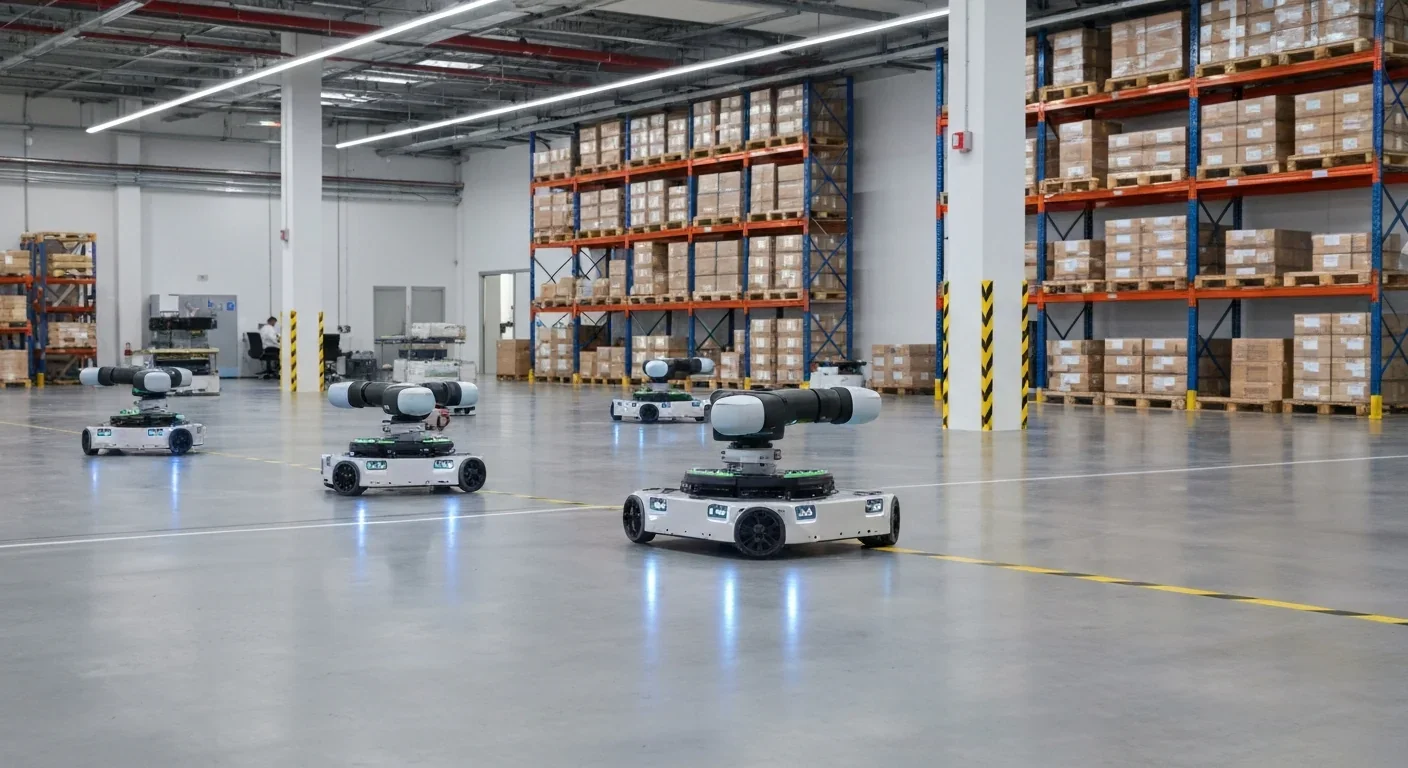 Autonomous robots equipped with AI processing systems operating in an industrial warehouse environment