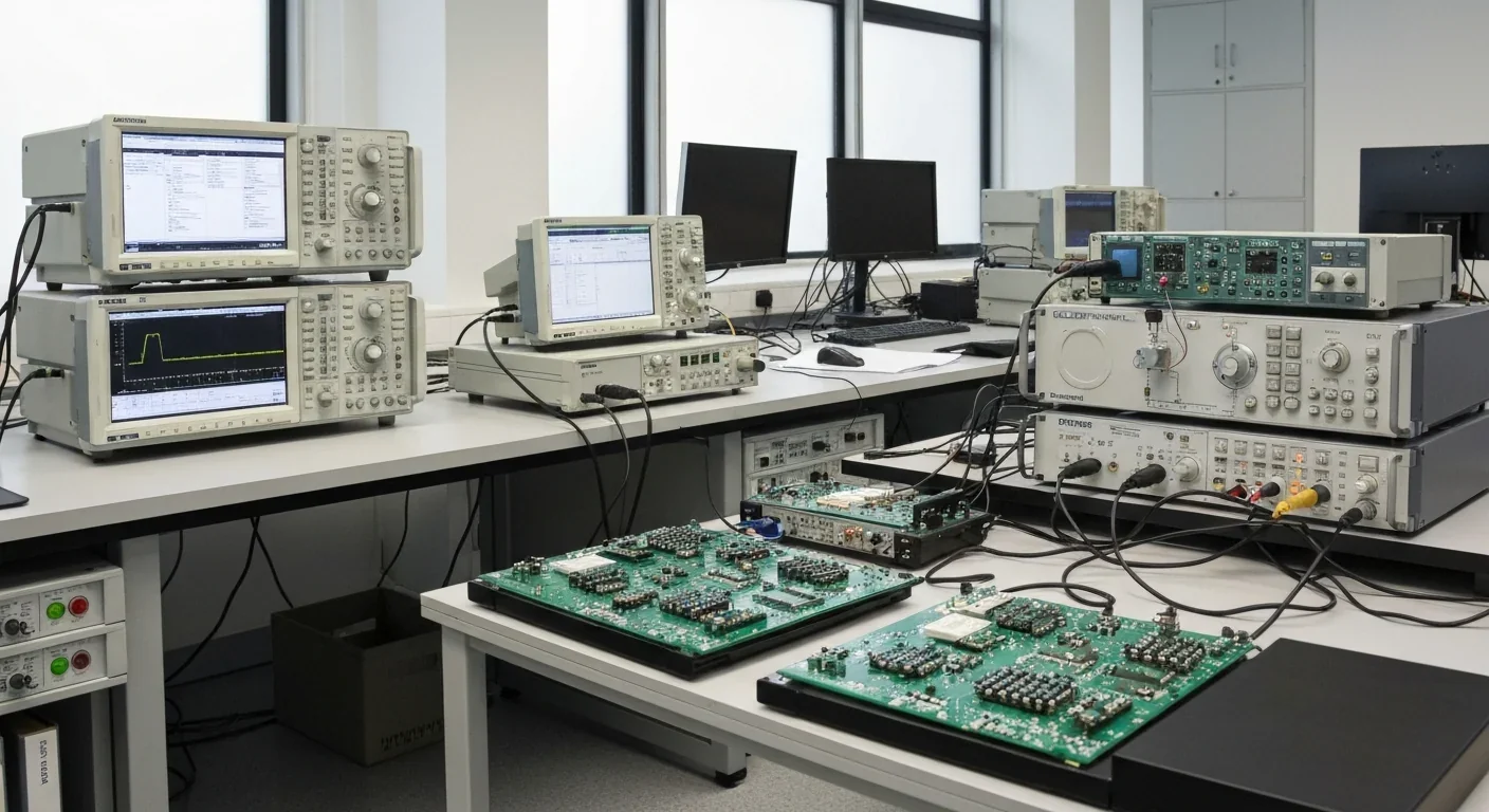 Research laboratory with electronic testing equipment used for developing and analyzing analog AI chips