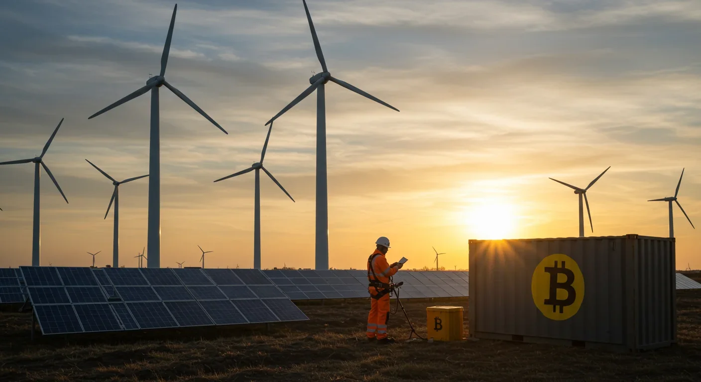 Worker at wind farm with solar panels and Bitcoin mining container using renewable energy