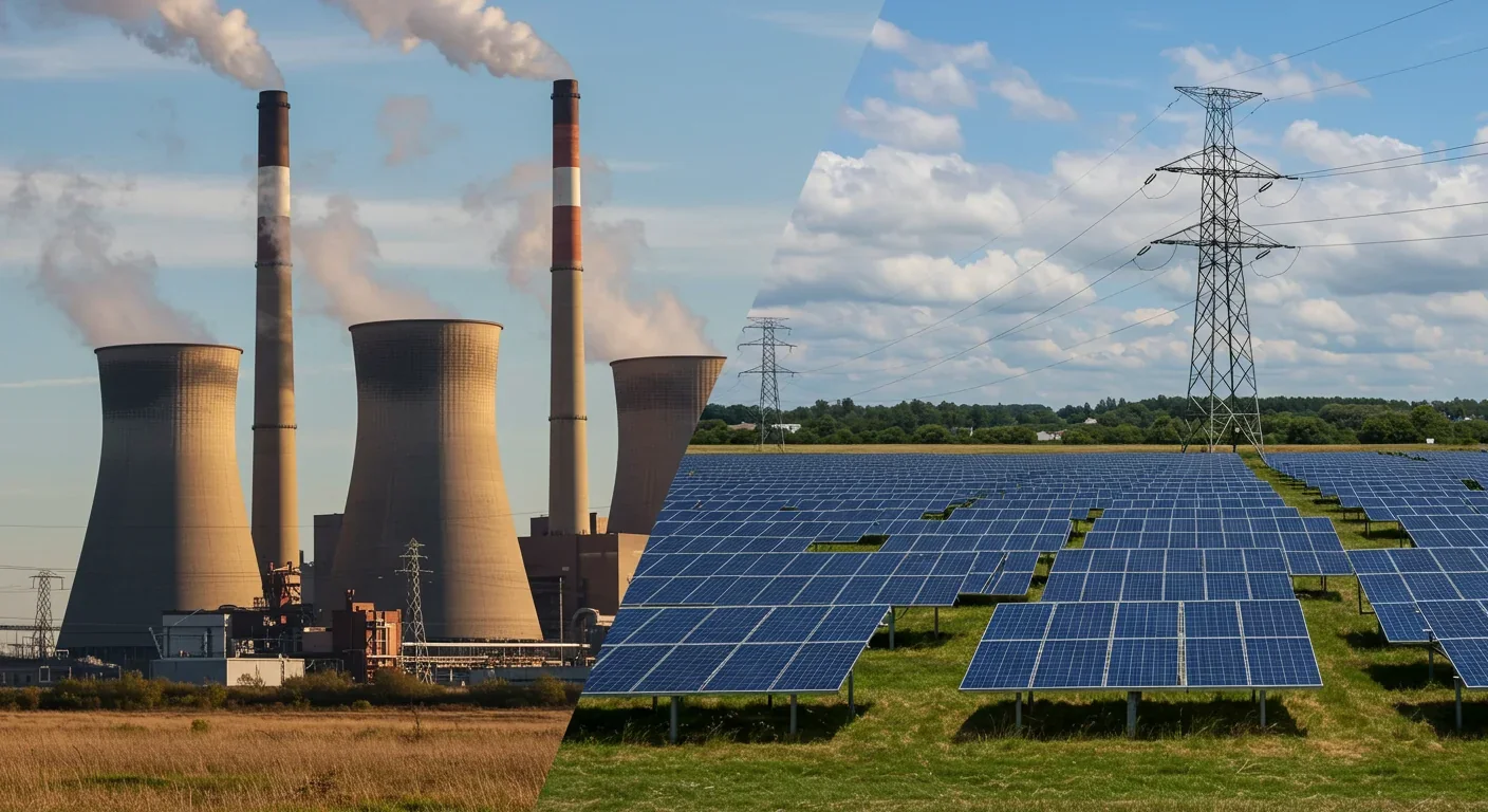 Visual comparison of coal power plant and solar farm representing Bitcoin mining energy choices