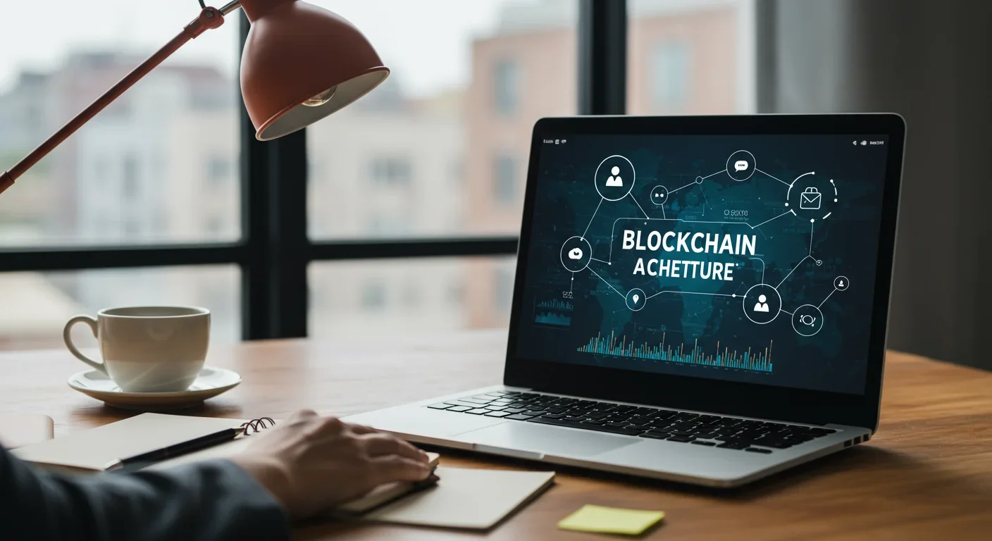 Laptop displaying blockchain network architecture and decentralized connections