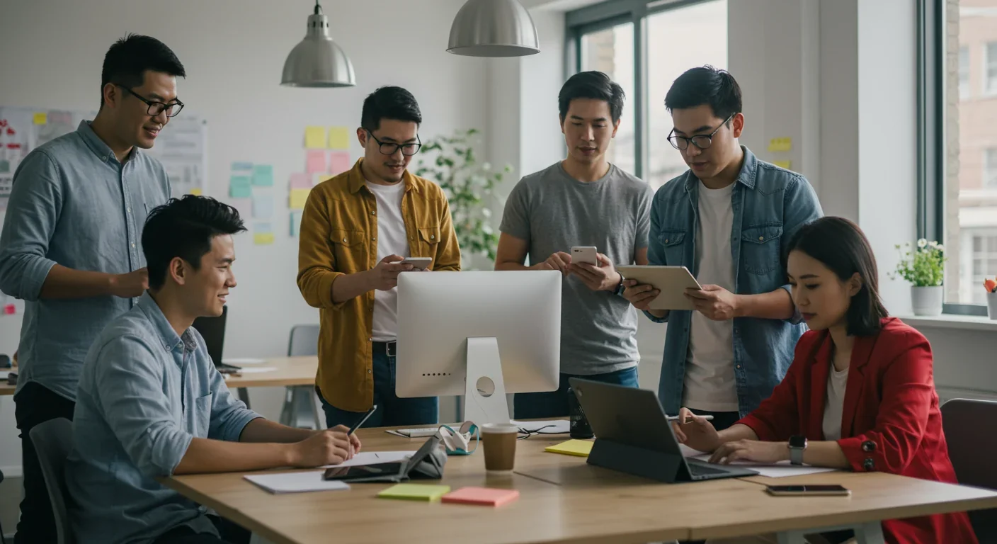 Content creators collaborating with digital devices in modern workspace