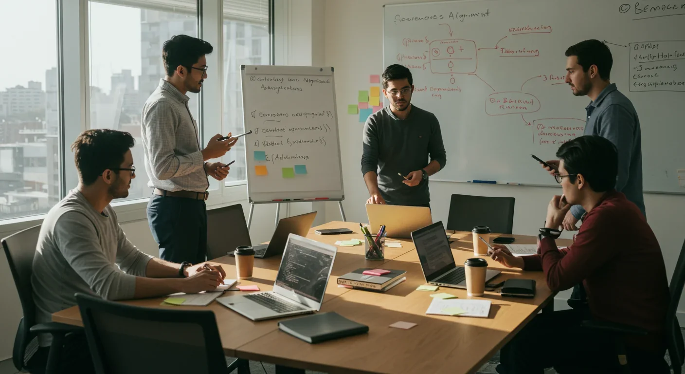 Development team discussing blockchain consensus mechanisms and architectural trade-offs during a collaborative planning session