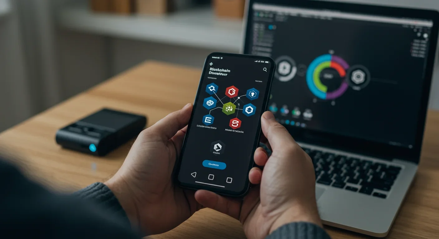 Person managing cryptocurrency holdings across multiple blockchain networks on smartphone and hardware wallet