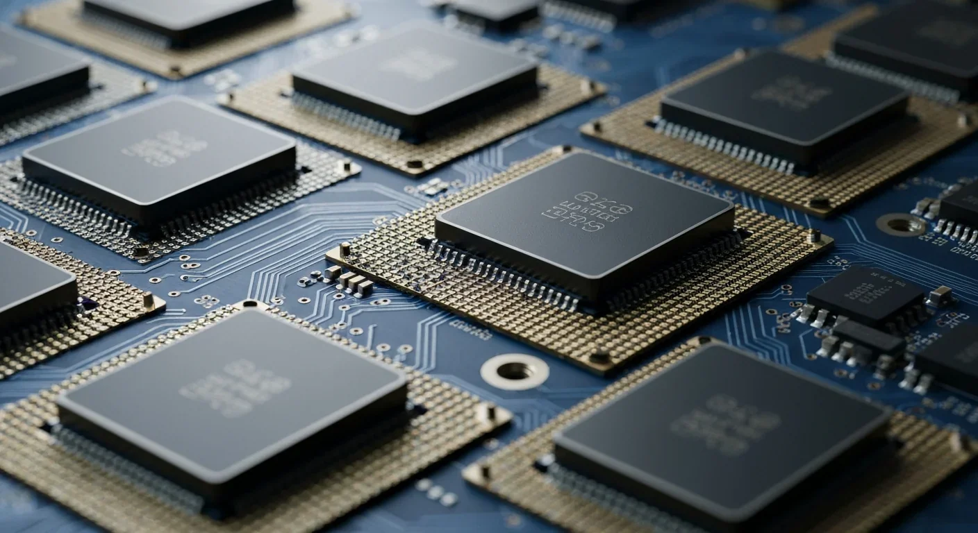 Circuit board showing multiple CPU cores connected by data pathways and interconnects