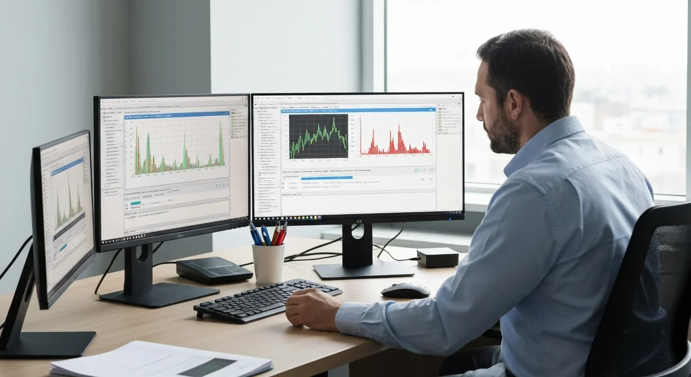 Engineer analyzing cache performance metrics on multiple monitors using profiling tools