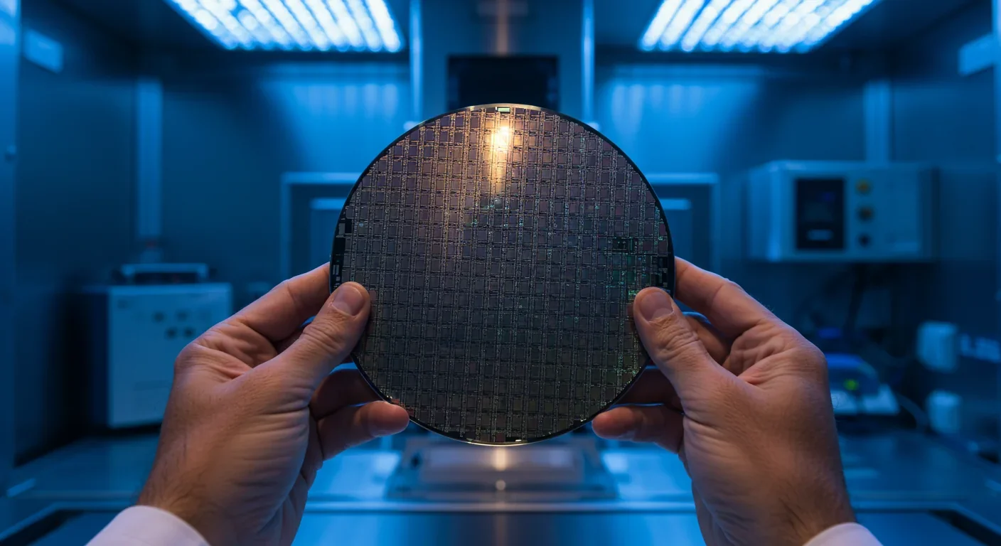 Scientist examining silicon wafer in semiconductor laboratory