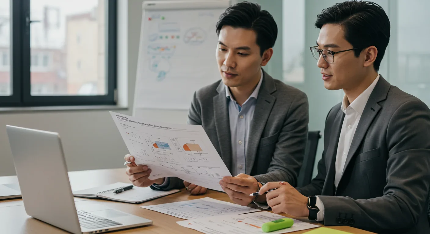 Colleagues reviewing a printed experimental design diagram