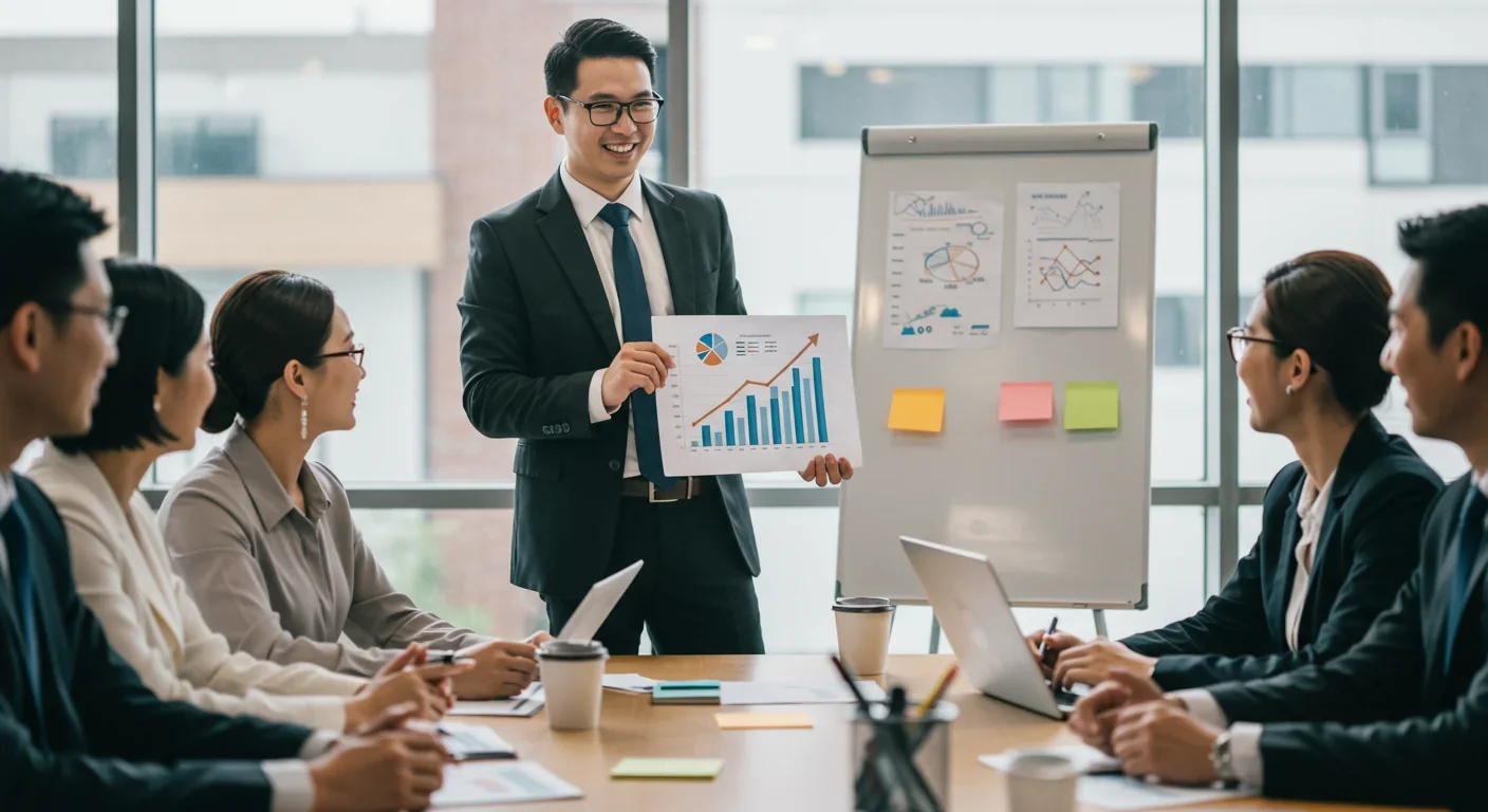 Manager showing a chart with an upward trend to team in a conference room