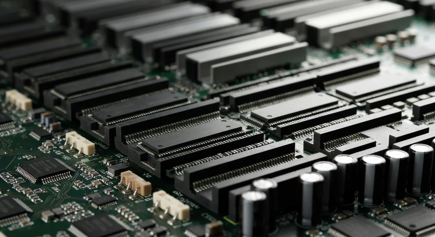 Close-up of high-density memory circuits and interconnects on advanced processor board