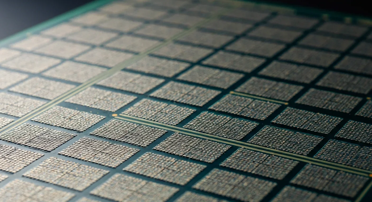 Close-up view of Cerebras wafer-scale processor showing thousands of processing cores