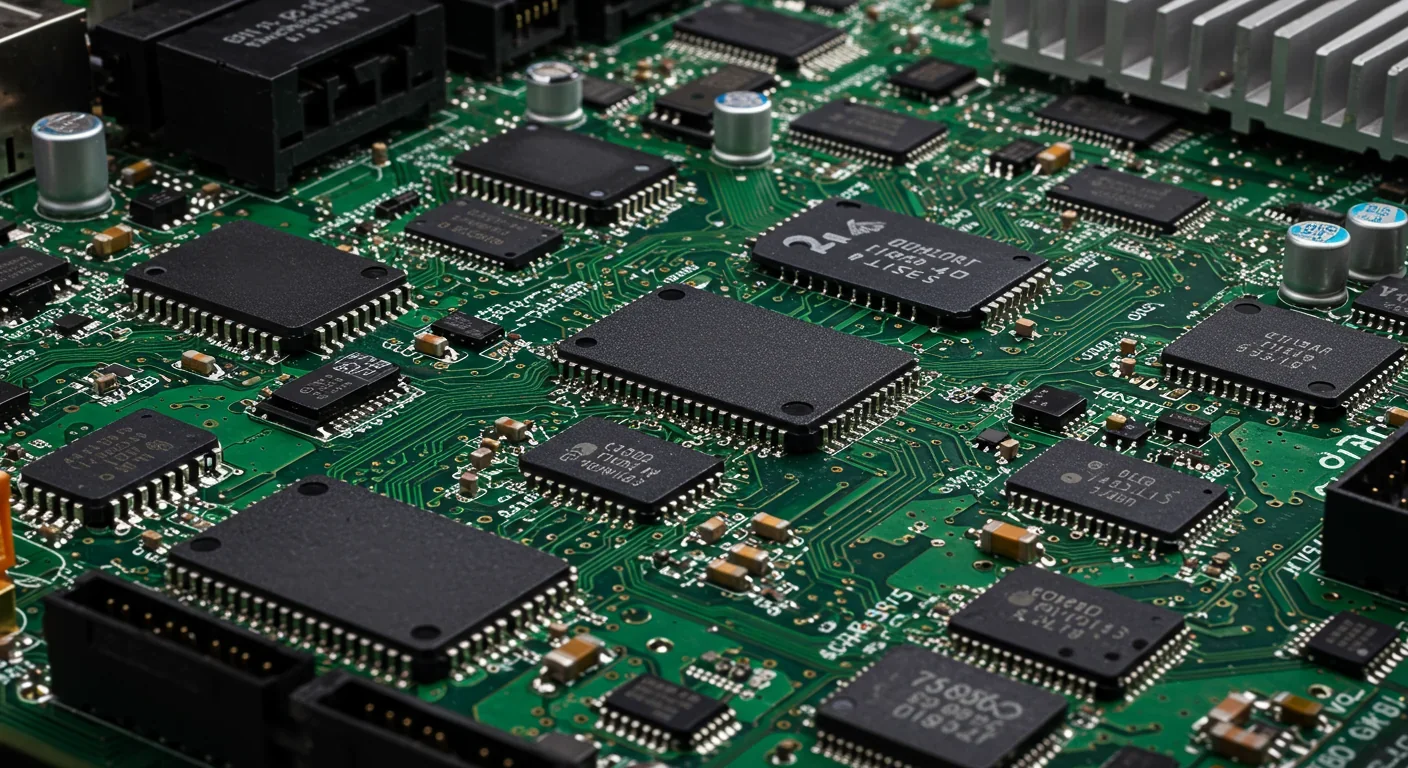 Detailed view of computer motherboard showing modular chip architecture