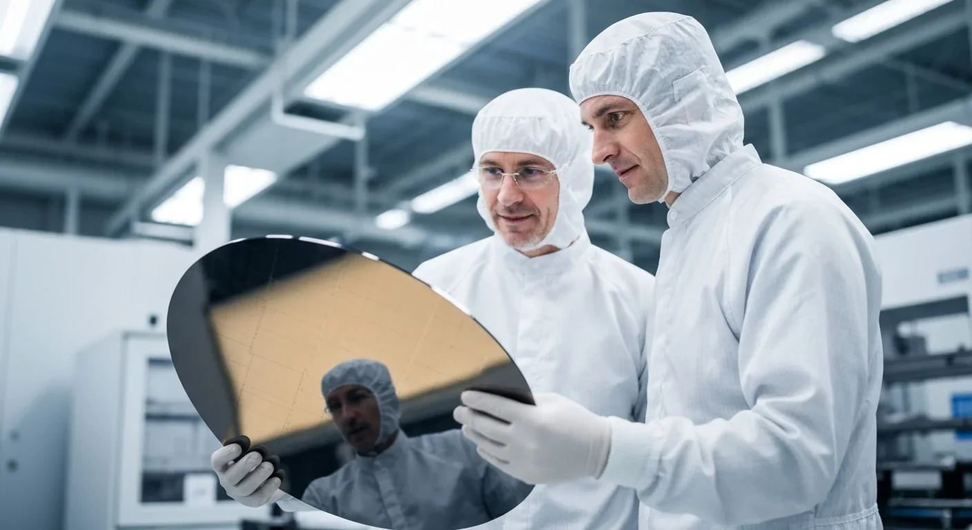 Engineers in cleanroom examining silicon wafer in semiconductor facility