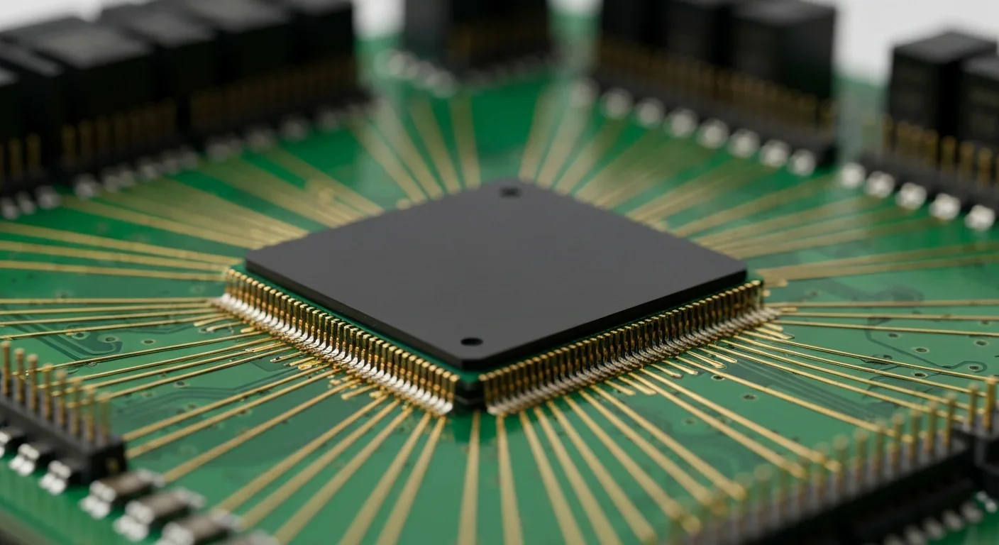Neuromorphic processor chip on development board with visible wire connections
