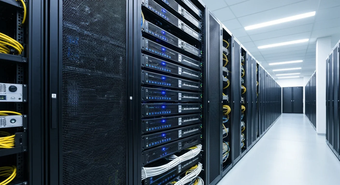 Server rack system in modern data center with blue status lights