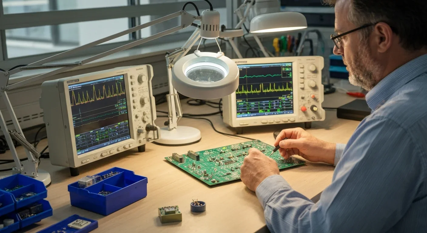 Technician testing circuit board with oscilloscope in electronics laboratory