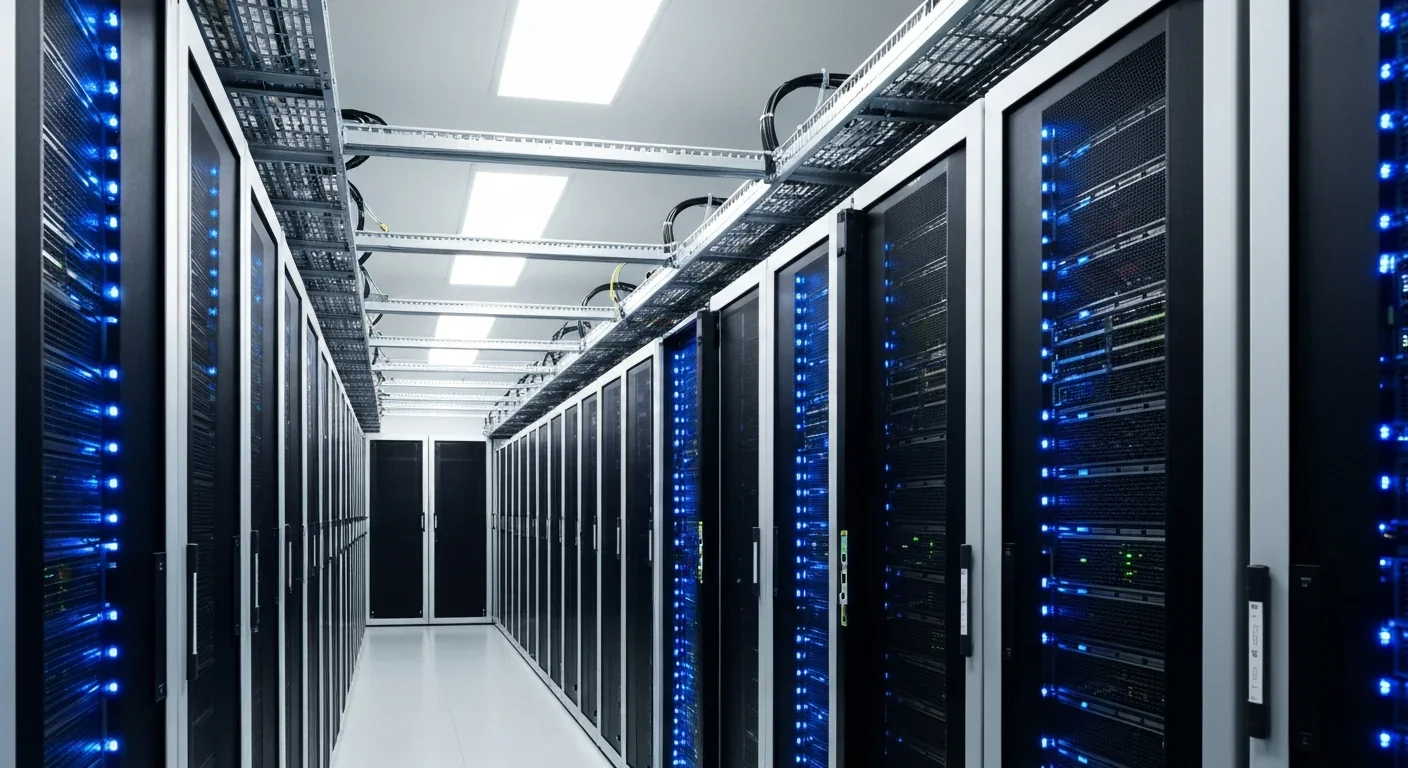 Modern data center server room with rows of rack-mounted servers and blue LED status lights