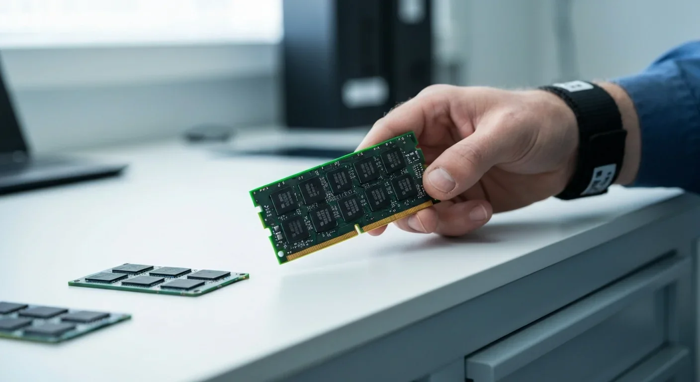 Close-up of a DDR5 DRAM module held by a technician showing memory chips and circuit traces