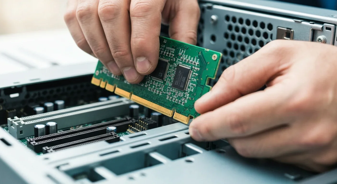 PCIe expansion card being installed into a server motherboard slot showing connector pins
