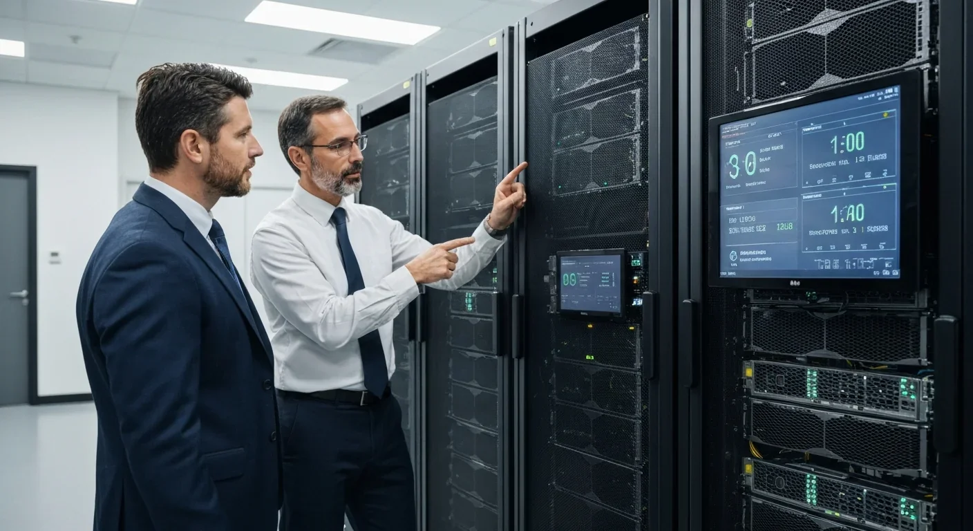 Two engineers examining a GPU server rack and performance metrics in a data center