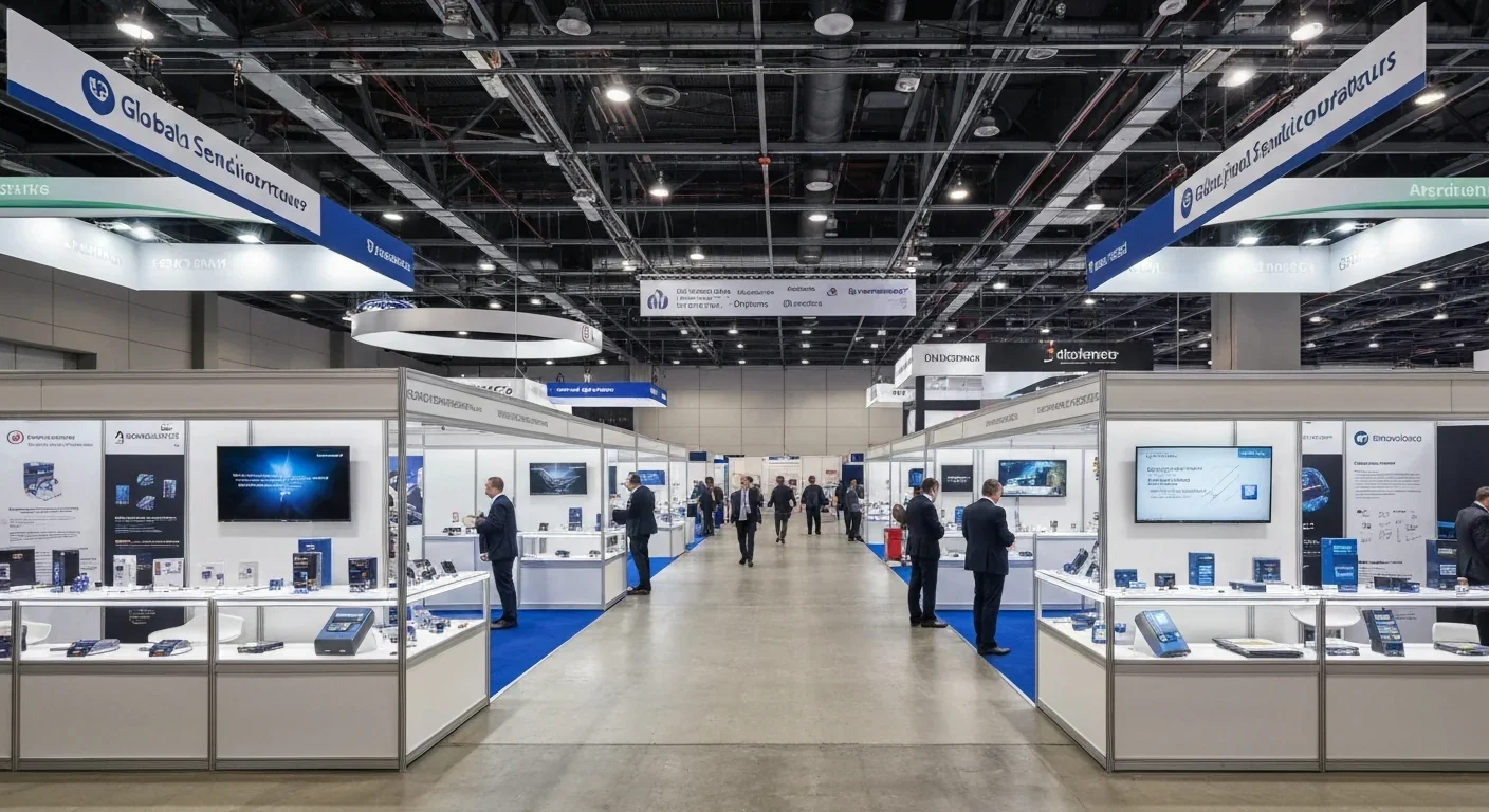 Technology conference exhibition hall with semiconductor vendor booths and attendees
