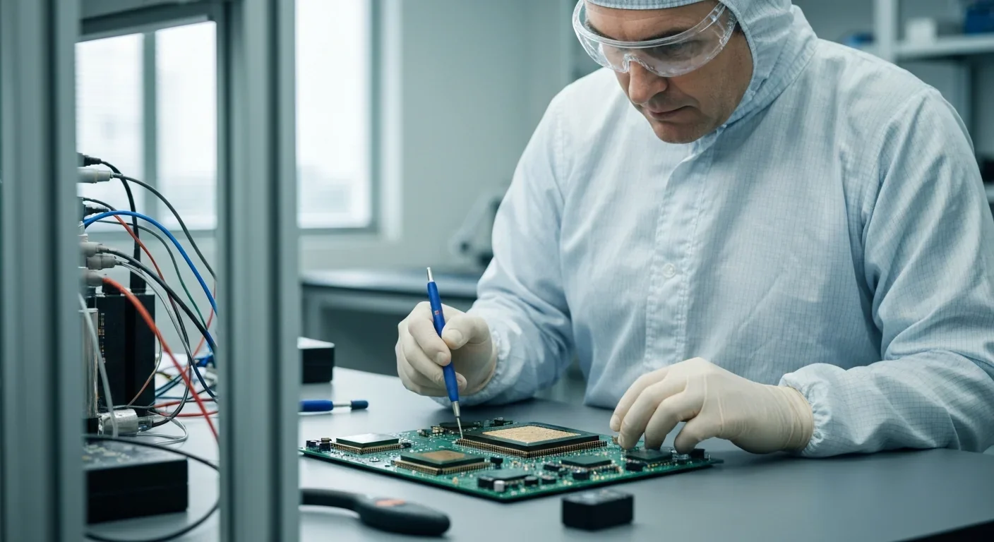 Engineer working on quantum computing circuit board in laboratory clean room environment
