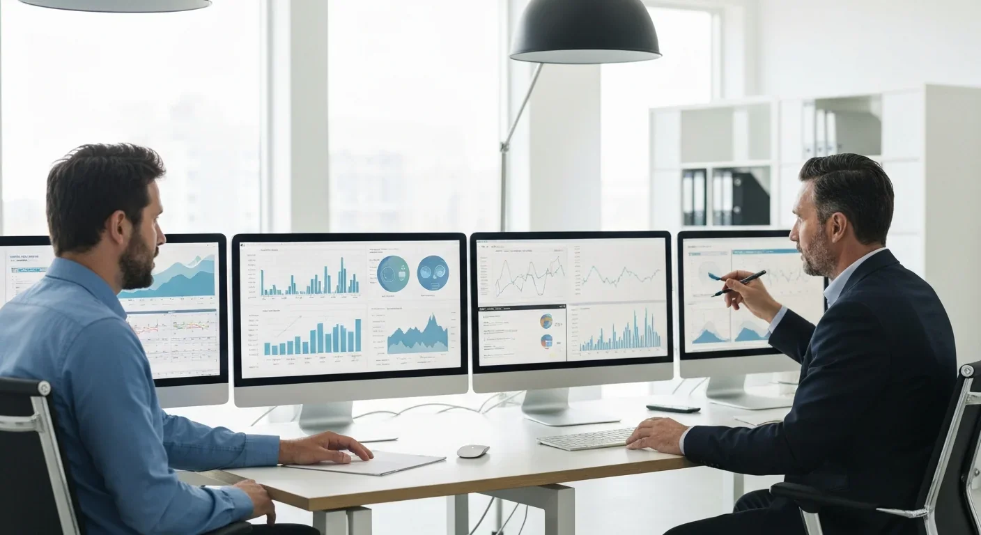 Professionals analyzing quantum computing data and performance metrics in modern workspace