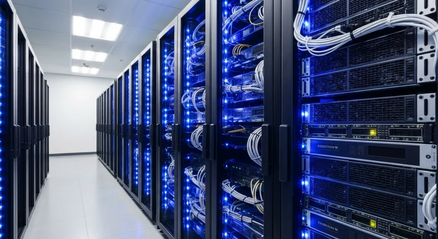 Modern data center server infrastructure with quantum cloud computing equipment