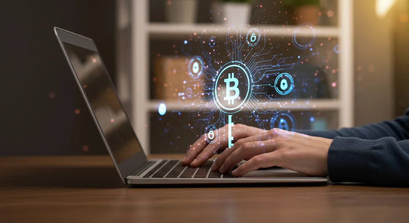 Cryptographic keys and blockchain network visualization on laptop screen