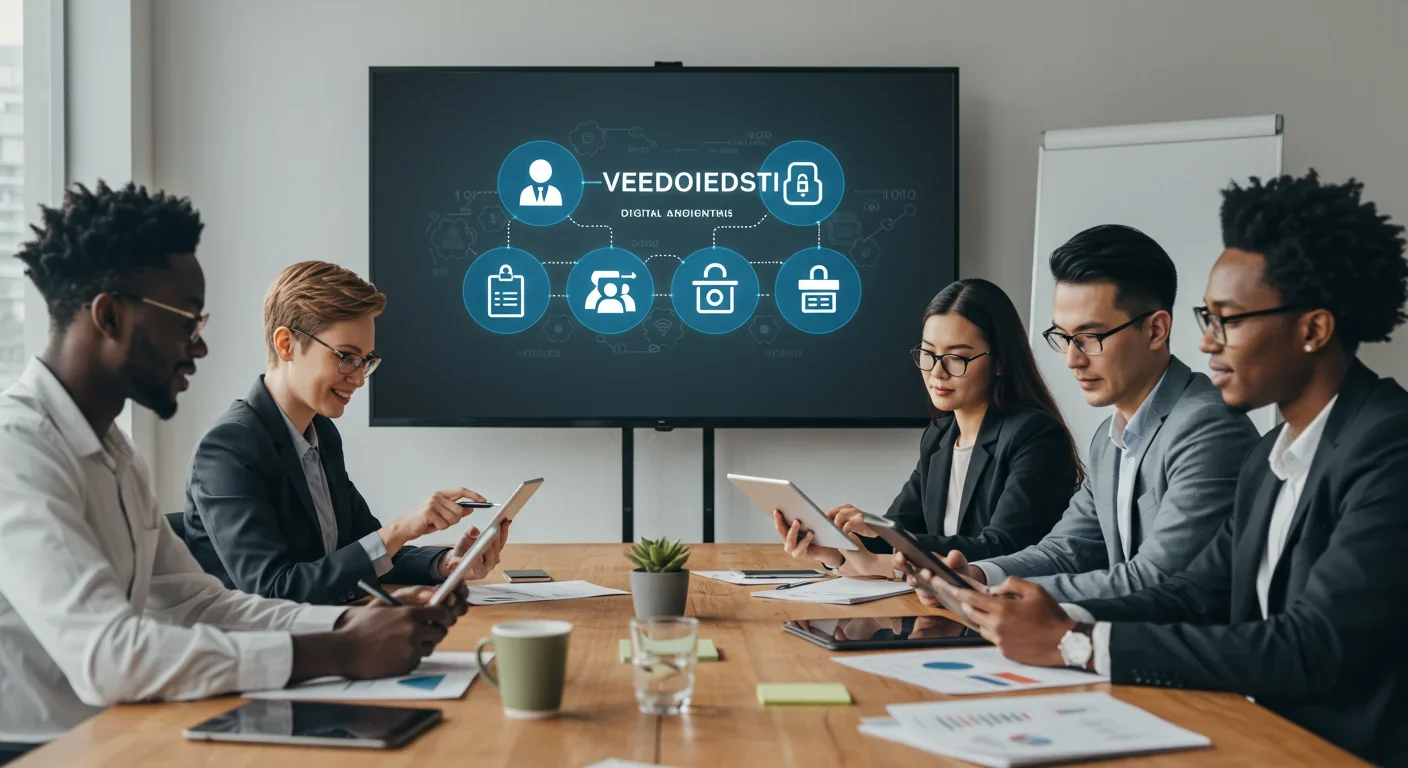 Business team reviewing verifiable credentials on mobile devices in meeting