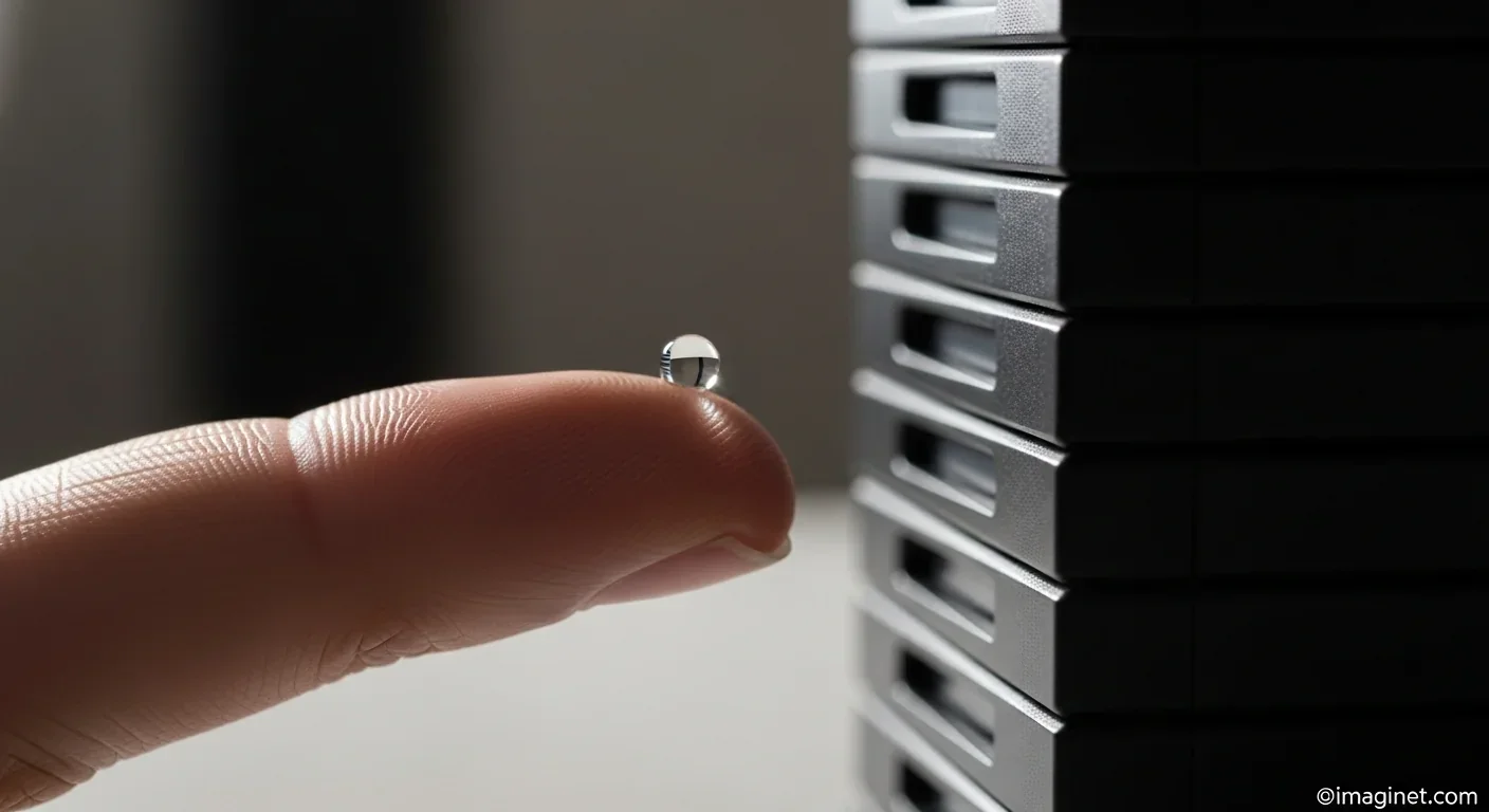 Tiny DNA droplet compared to stack of hard drives showing density advantage