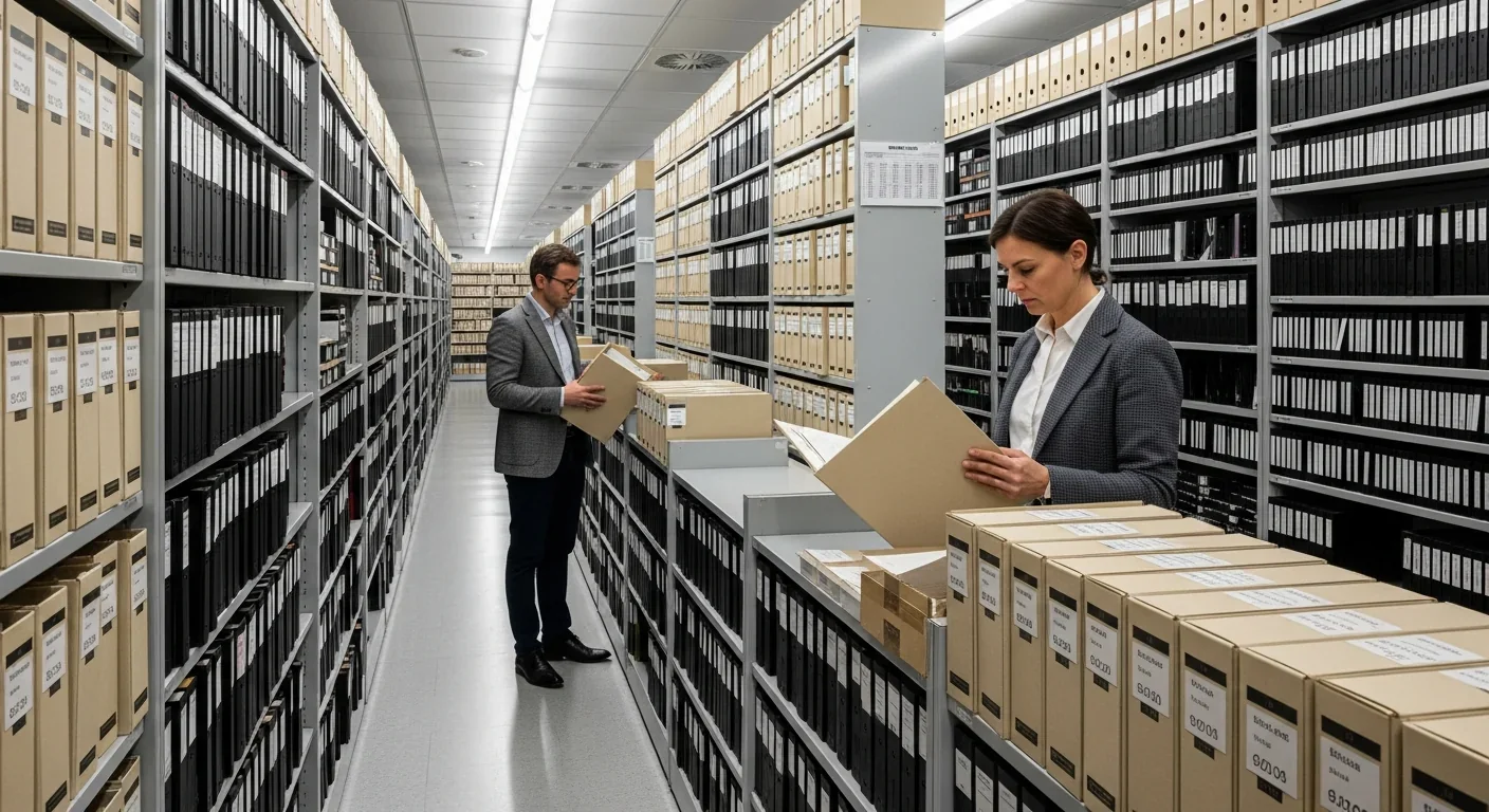 Archival vault with traditional storage media and researcher examining records