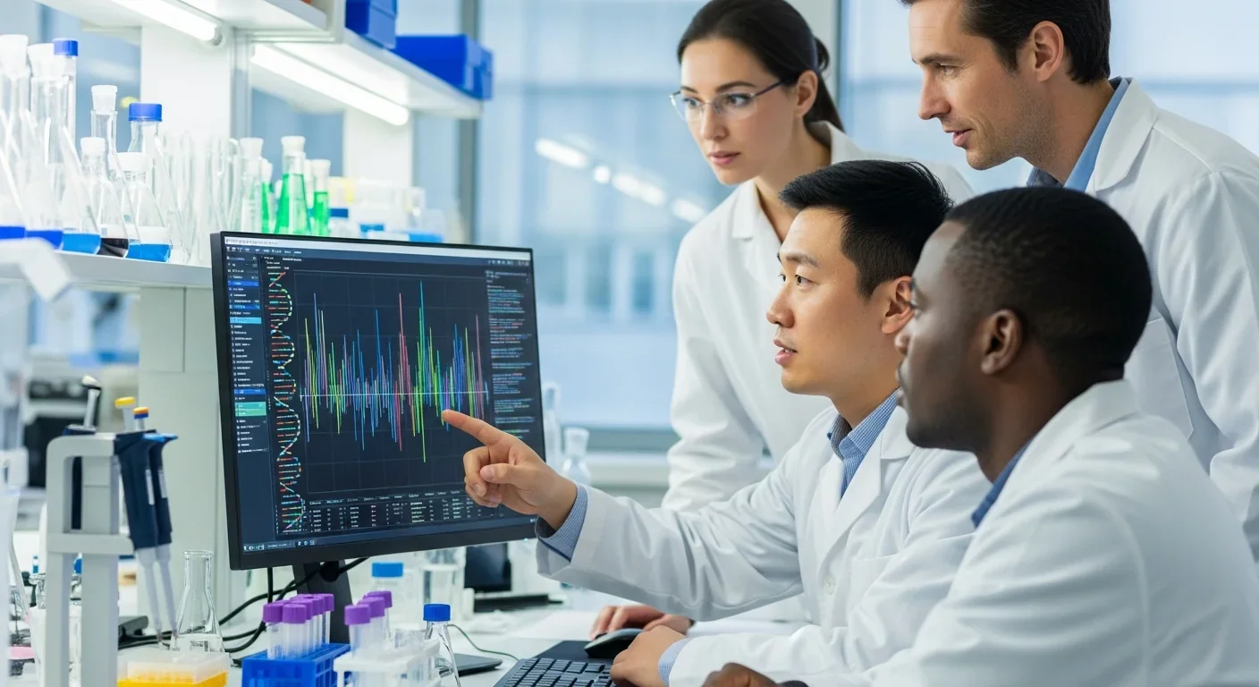 International research team collaborating on DNA storage technology in laboratory